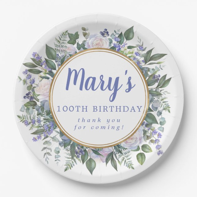 Blue White Floral 100th Birthday Party Paper Plate (Front)