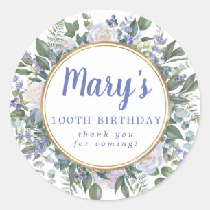 Blue White Floral 100th Birthday Thank You Classic Round Sticker