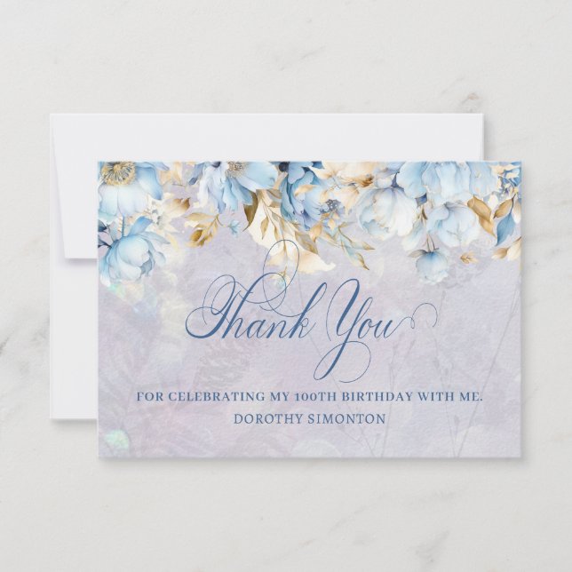 Blue White Floral 100th Birthday Thank You Flat (Front)