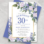 Blue White Floral 30th Birthday Surprise Party Invitation<br><div class="desc">Honour a special woman with this elegant and feminine 30th Birthday Surprise Party invitation. Surprise and 30th are written in large blue text. Birthday Celebration follows. The honoured guest's name is also in blue capital letters. The birthday celebration details are surrounded by a chic gold frame. The floral elements are...</div>