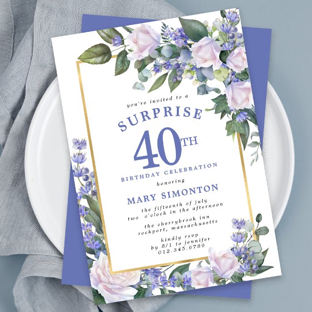 Blue White Floral 40th Birthday Surprise Party Invitation (Creator Uploaded)