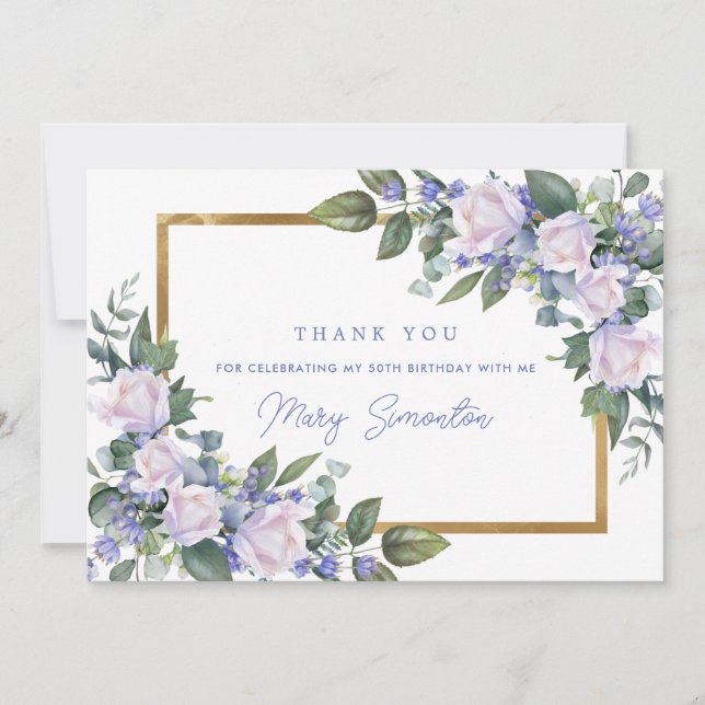 Blue White Floral 50th Birthday Photo Flat Thank You Card (Front)