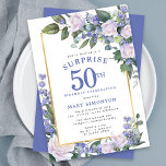 Blue White Floral 50th Birthday Surprise Party Invitation<br><div class="desc">Honour a special woman with this elegant and feminine 50th Birthday Surprise Party invitation. Surprise and the 50th are written in large blue text. Birthday Celebration follows. The honoured guest's name is also in blue capital letters. The birthday celebration details are surrounded by a chic gold frame. The floral elements...</div>