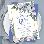 Blue White Floral 60th Birthday Surprise Party Invitation<br><div class="desc">Honour a special woman with this elegant and feminine 60th Birthday Surprise Party invitation. Surprise and the 60th are written in large blue text. Birthday Celebration follows. The honoured guest's name is also in blue capital letters. The birthday celebration details are surrounded by a chic gold frame. The floral elements...</div>