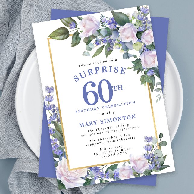 Blue White Floral 60th Birthday Surprise Party Invitation (Creator Uploaded)