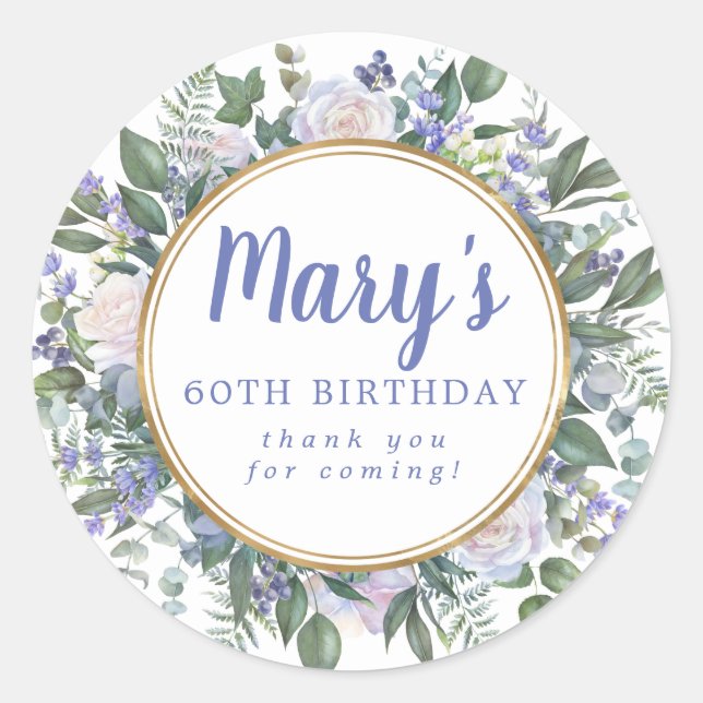 Blue White Floral 60th Birthday Thank You Classic Round Sticker (Front)