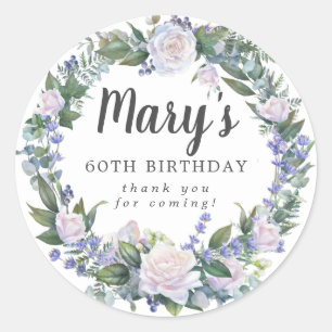Blue White Floral 60th Birthday Thank You Classic Round Sticker
