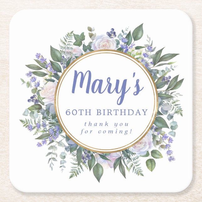 Blue White Floral 60th Birthday Thank You Square Paper Coaster (Front)