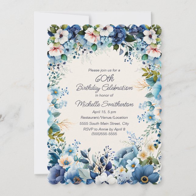 Blue White Floral 60th Scalloped Birthday Invitation (Front)