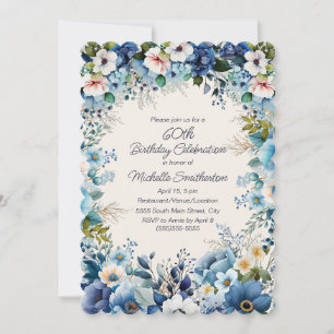 Blue White Floral 60th Scalloped Birthday Invitation
