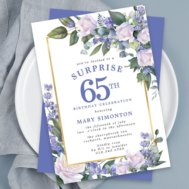 Blue White Floral 65th Birthday Surprise Party Invitation (Creator Uploaded)
