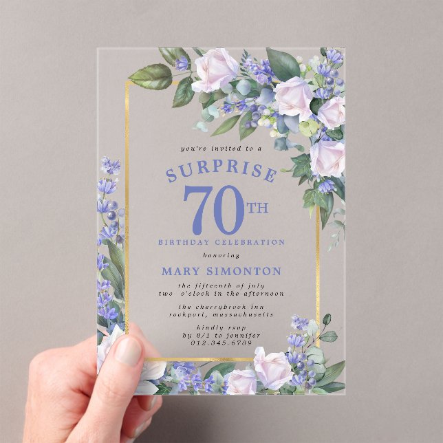Blue White Floral 70th Birthday Surprise Party Acrylic Invitations (Insitu (Handheld))