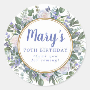 Blue White Floral 70th Birthday Thank You Classic Round Sticker