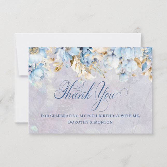 Blue White Floral 70th Birthday Thank You Flat (Front)