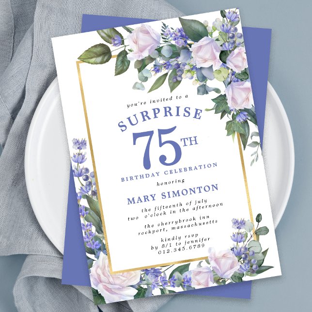 Blue White Floral 75th Birthday Surprise Party Invitation (Creator Uploaded)