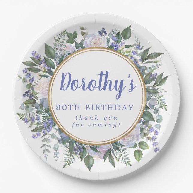 Blue White Floral 80th Birthday Party Paper Plate (Front)