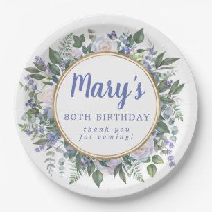 Blue White Floral 80th Birthday Party Paper Plate