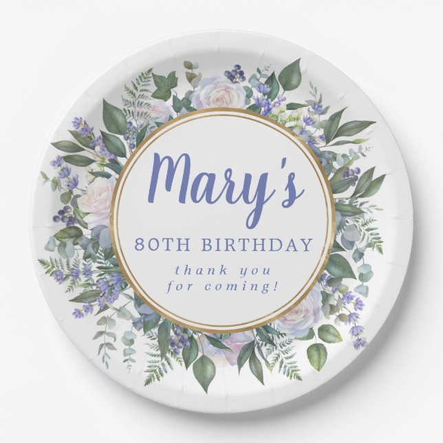 Blue White Floral 80th Birthday Party Paper Plate (Front)