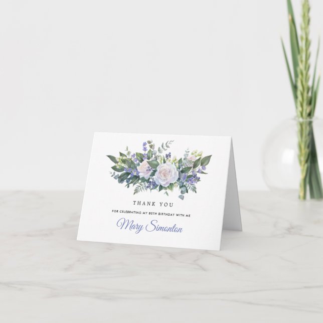 Blue White Floral 80th Birthday Photo Thank You Card (Front)
