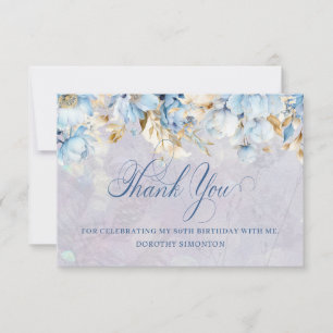 Blue White Floral 80th Birthday Thank You Flat Card