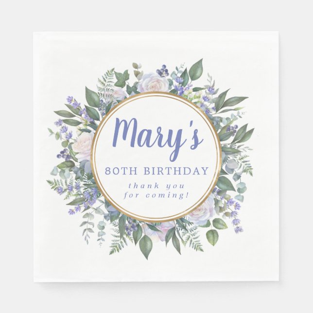 Blue White Floral 80th Birthday Thank You Napkin (Front)