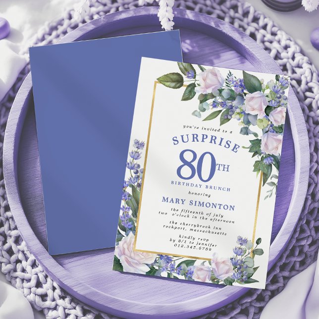 Blue White Floral 80th Surprise Birthday Brunch Invitation (Creator Uploaded)