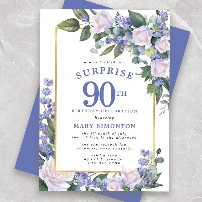 Blue White Floral 90th Birthday Surprise Party Invitation (Creator Uploaded)