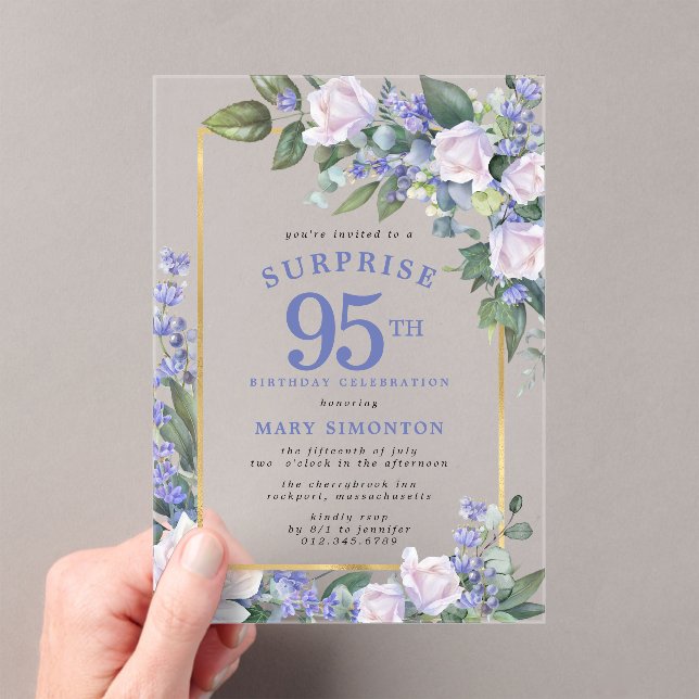 Blue White Floral 95th Birthday Surprise Party Acrylic Invitations (Insitu (Handheld))