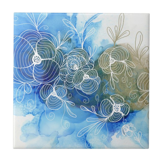 Blue White Floral Abstract 71 Tile (Front)