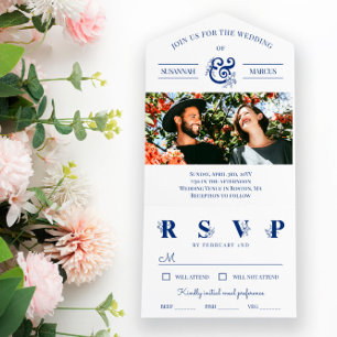 Blue White Floral Ampersand Photo Wedding All In One Invitation