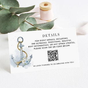 Blue White Floral Anchor QR Code Wedding Details Enclosure Card