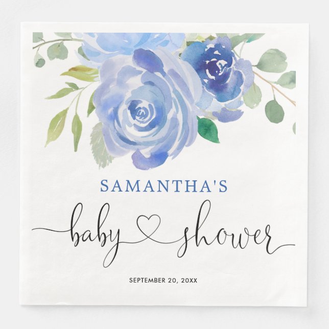Blue white floral baby shower paper dinner napkins (Front)