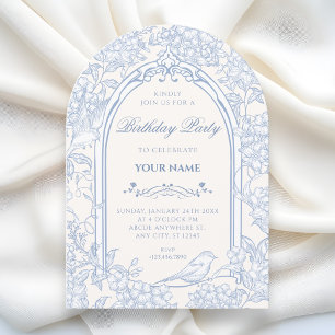Blue white floral bird artistic birthday invitation