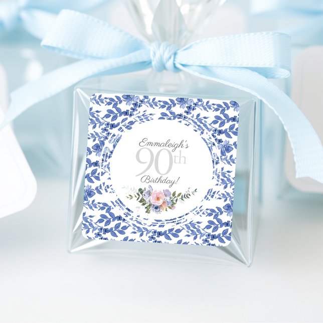 Blue White Floral Birthday Square Sticker (Creator Uploaded)