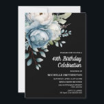 Blue White Floral Black Women's 40th Birthday Invitation<br><div class="desc">Beautiful blue and white watercolor floral on black women's 40th birthday party invitation postcard.  Text is fully customisable,  so this card can be designed for any age.  Contact me for assistance with customisation or to request matching products.</div>