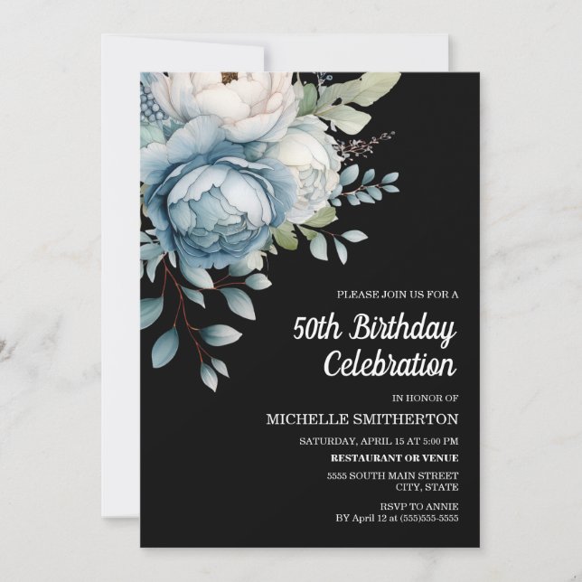 Blue White Floral Black Women's 50th Birthday Invitation (Front)