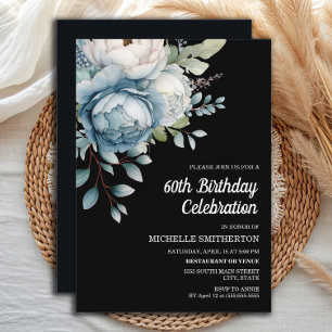 Blue White Floral Black Women's 60th Birthday Invitation