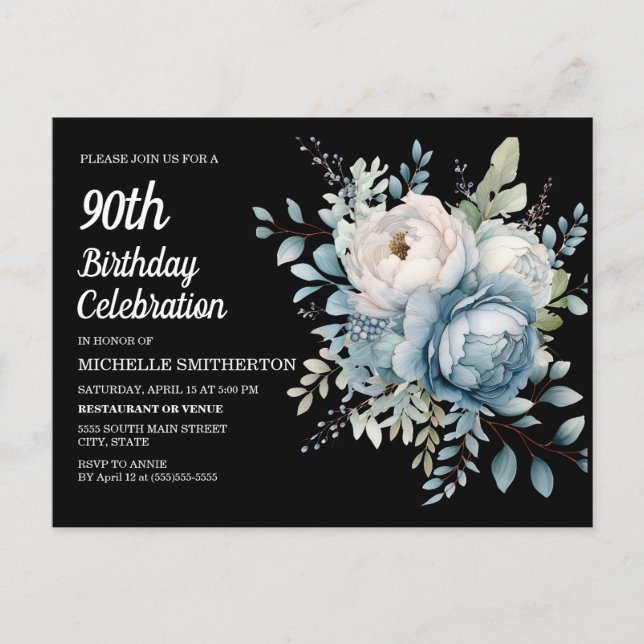 Blue White Floral Black Women's 90th Birthday Invitation Postcard (Front)