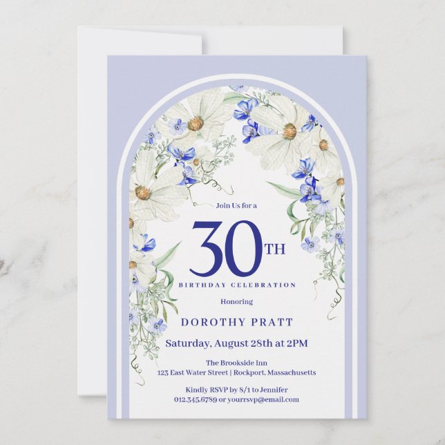 Blue White Floral Boho Arch 30th Birthday Party Invitation (Front)