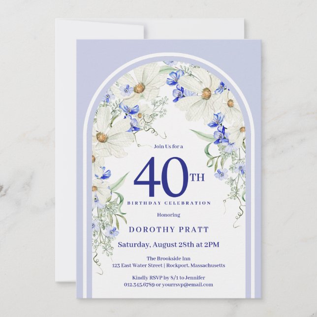 Blue White Floral Boho Arch 40th Birthday Party Invitation (Front)