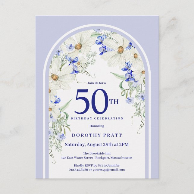 Blue White Floral Boho Arch 50th Birthday Party Postcard (Front)