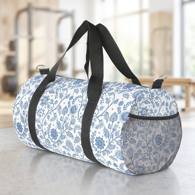 Blue White Floral Boho Botanical Pattern Whimsical Duffle Bag (Creator Uploaded)