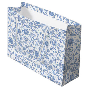 Blue White Floral Boho Botanical Pattern Whimsical Large Gift Bag