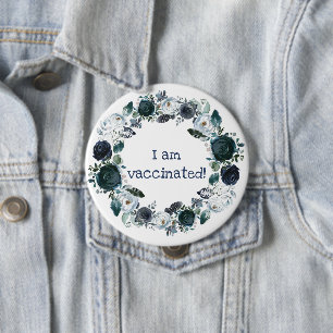 Blue White Floral Boho Wreath I Am Vaccinated 10 Cm Round Badge