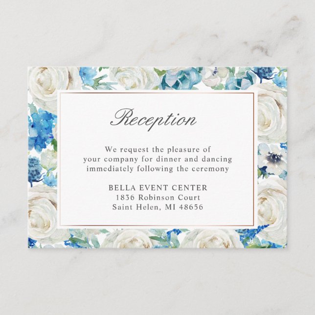 Blue White Floral Border Wedding Reception Details Enclosure Card (Front)