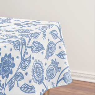 Blue White Floral Botanical Pattern Modern Boho Tablecloth