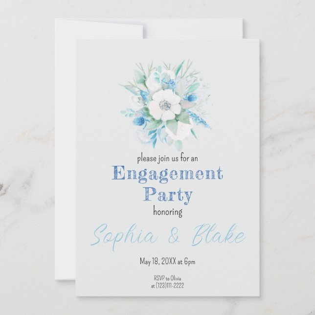 Blue & White Floral Bouquet Grey Engagement Party Invitation (Front)