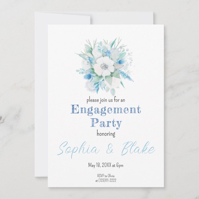 Blue & White Floral Bouquet White Engagement Party Invitation (Front)