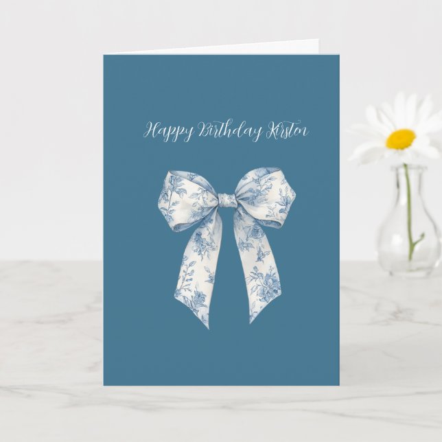 Blue White Floral Bow Birthday Card (Small Plant)
