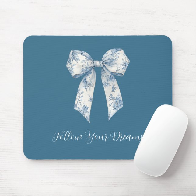 Blue White Floral Bow Mouse Mat (With Mouse)